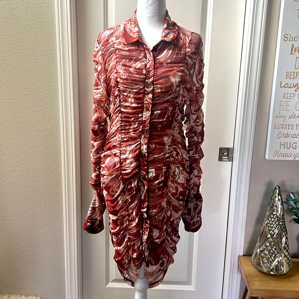 Chocolate brown gathered see through button long sleeve stretchy dress brown XL - Picture 6 of 8